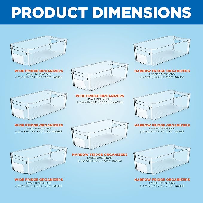 NutriChef Set of 8 Refrigerator Bins-4 Wide and 4 Narrow Stackable Fridge Organizers for Freezer, Kitchen, Countertops, Cabinets-Designed with Practical Carry Handles and Interior, 8 containers, Clear - Image 2