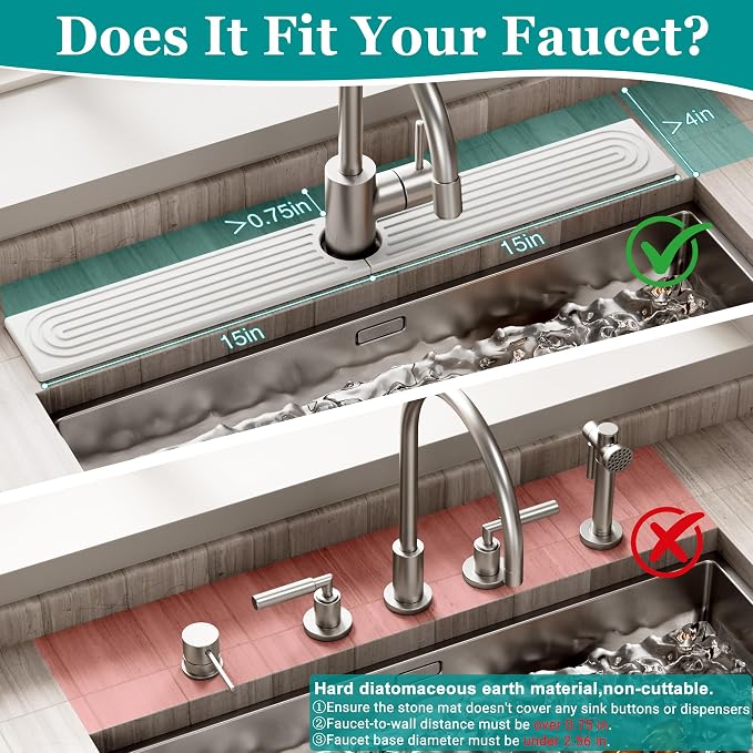 Stone Faucet Mat for Kitchen Sink - Quick Dry Diatomite Sink Splash Guard, Prevents Moisture Buildup & Water Stains, Water Absorbing Stone Tray for Bathroom Countertop (White, 30" x 4") - Image 2