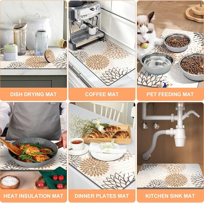 Findosom 2PCS 12" x 20" Dish Drying Mat & 24" x 5.5" Sink Splash Guard, Super Absorbent & Cuttable Dish Mat Drying Kitchen Mat with Brown Floral, Hide Stain Drying Mat for Kitchen Counter - Image 6