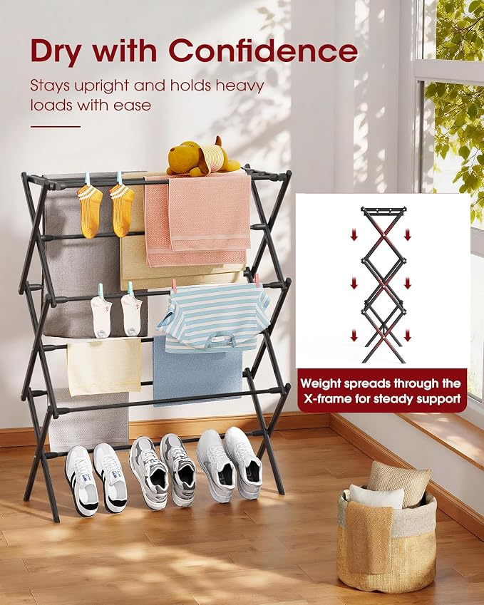 Sakugi Foldable 3-Tier Clothes Drying Rack 37.4" H with Non-Slip Feet | Indoor & Outdoor Use, Space Saving, Metal Frame, 11.4" D x 29.1" W, Black - Image 2