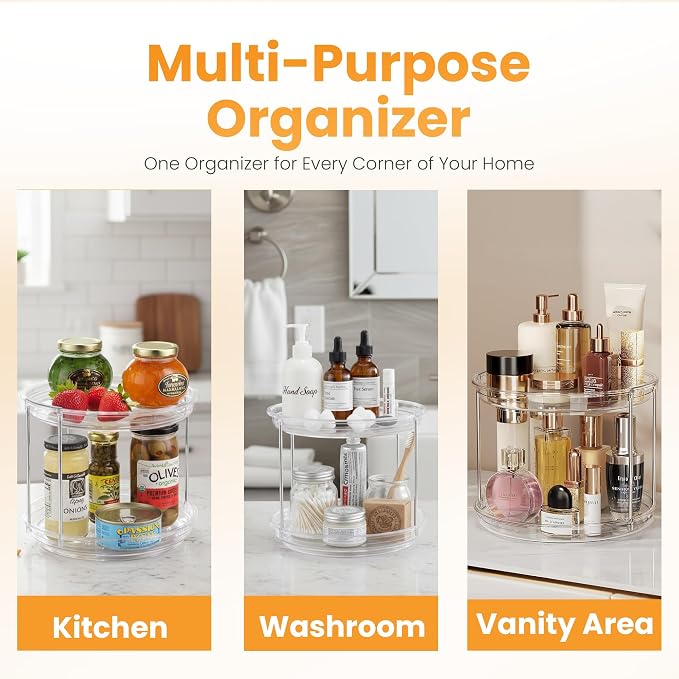 Oizeir Clear Two Tier Lazy Susan Organizer 2-Pack | Rotating Spice Rack Turntable, For Kitchen Cabinet, Countertop, Bathroom, Dining Table, Spinning Carousel Racks - Image 5