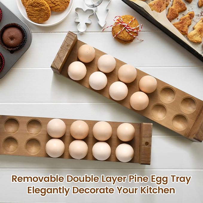 Sishynio Double Layer Egg Tray Holder Countertop, Wooden Fresh Egg Rack | Stackable Storage Basket; 2 Tier Egg Organizer for Farmhouse Kitchen, Refrigerator; Fresh Eggs, Dark Woodgrain, Pegs, Rustic - Image 4