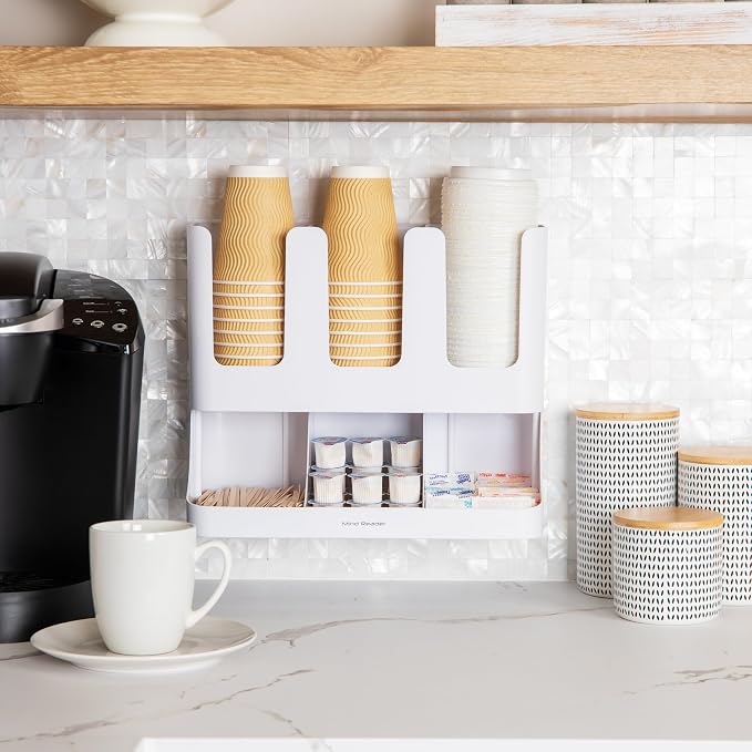 Mind Reader Cup and Condiment Station, 13 Inch Countertop Coffee Bar Organizer with 6 Compartments, Storage Caddy for Cups, Lids and Packets, Plastic, White 13" L x 6.4" W x 11.5" H (Pack of 4) - Image 6