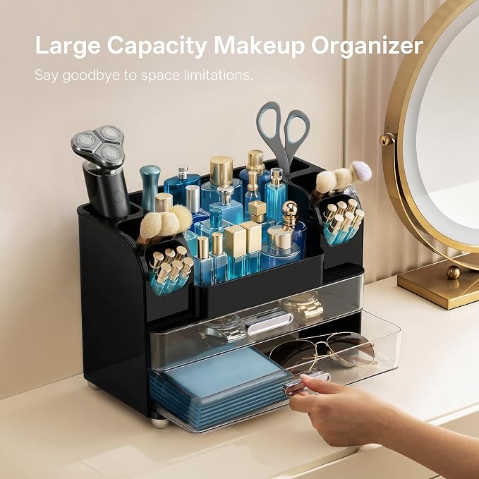 HBlife Makeup Organizer for Vanity with Brush Holder, Cologne Organizer for Men, Large Bathroom Countertop Cosmetic Organizer Skin Care Storage, Easy to Store Lipsticks, Nail Polishes, Perfumes, Black - Image 4
