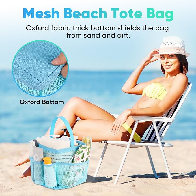 EUDELE 2 Pack Mesh Shower Caddy Portable for College Dorm Room Essentials, Shower Caddy Dorm with 9-Pocket Large Capacity,Shower Bag for Beach,Swimming,Gym All Black+All Ice Blue - Image 6