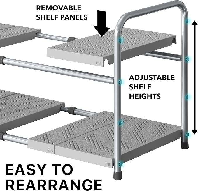 Simple Houseware Under Sink 2-Tier Heavy Duty Expandable Organizer, Silver | Adjustable Width 15.75–25 Inches with 4 Shelf Height Levels - Image 4