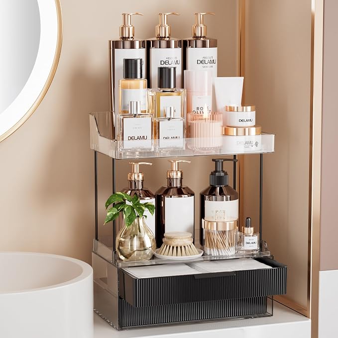 Delamu 4-Tier Makeup Organizer, Bathroom Counter Storage, 2 Drawers,Black | Elegant Vanity Organizer Gift for Women, Holds Perfume, Skincare, Nail Polish & Hair Accessories for Bathroom Countertop by DELAMU