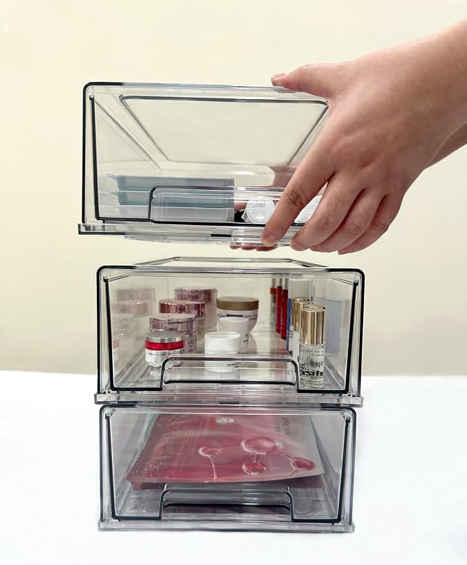 Stackable storage drawers, clear pull-out organizer with handles and non-slip pads for kitchen, refrigerator,office desktop, pantry and shelves, perfect for organization and storage (2 Pack, Large) - Image 8