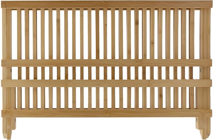 Oggi 2 Tier XL Folding Bamboo Dish Drying Rack, Large Foldable Dish Rack for Kitchen Counter, Bamboo Plate Drying Rack, Collapsible Dish Drainer with 16 Plate Slots - Image 5