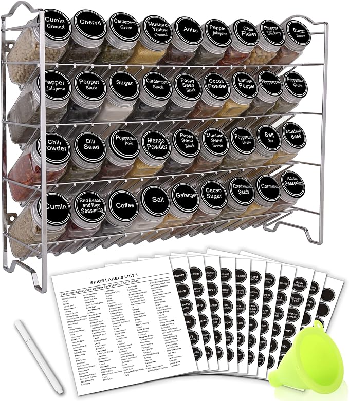 SWOMMOLY Spice Rack Organizer with 36 Spice Jars 4 oz and 396 Spice Labels | Chalk Marker, Funnel Set, Spice Organizer for Cabinet, Countertop, Pantry, Cupboard & Wall Mount, 16.5" W × 12.6" H, Silver by SWOMMOLY