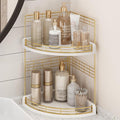 Bathroom Countertop Corner Organizer for Small Spaces, 2-Tier Counter Shelf | Oak Wood & Iron, Fan-Shaped Counter Shelf for Sink & Vanity Corners, Skincare, Toiletries, Compact Vertical Storage, White by JNFUZ
