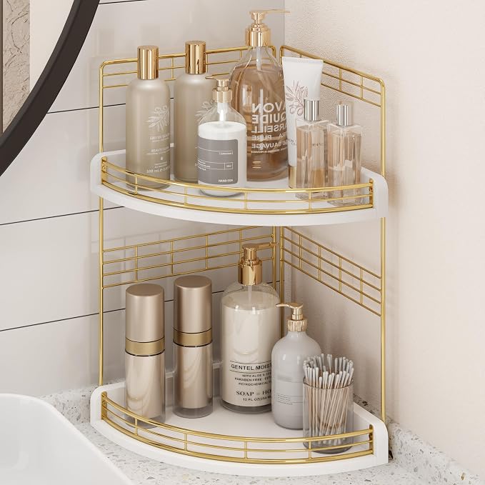 Bathroom Countertop Corner Organizer for Small Spaces, 2-Tier Counter Shelf | Oak Wood & Iron, Fan-Shaped Counter Shelf for Sink & Vanity Corners, Skincare, Toiletries, Compact Vertical Storage, White by JNFUZ