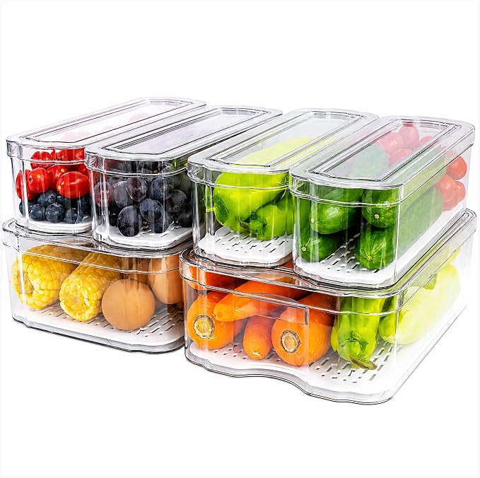 SMRCAD 6 Pack Clear Fridge Organizer Bins with Drain Trays - Stackable | BPA-Free PET, 6 Pack: 6 lidded Bins (Not drawer), Helps Keep Produce Fresh, 14L Capacity, Hand Wash Only by SMRCAD