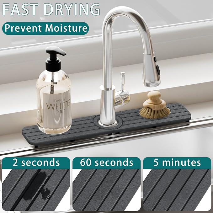 Water Absorbing Stone Kitchen Sink Mat Faucet Splash Guard for Bathroom | Quick Dry, Raised Feet, Diatomaceous Earth, Stone Faucet Mat, Sink Protector for Counter, Sink Accessories, Bathroom Decor - Image 3