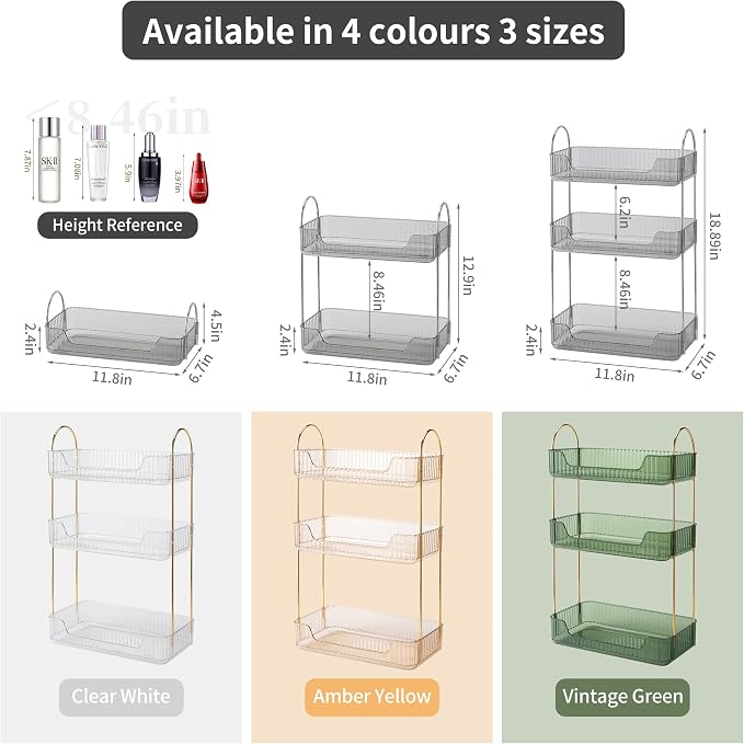 Akinbas 3 Tier Bathroom Organizer Countertop Makeup Perfume Tray Skincare Organizer for Bathroom Dresser Vanity (Grey) - Image 2