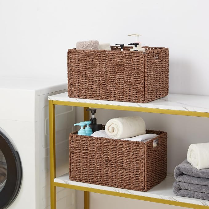 Wicker Storage Basket, Set of 2 Hand-Woven Paper Rope Wicker Basket, Small Storage Baskets for Organizing Toilet Paper Basket, Foldable Large Cube Storage Organizer Bins for Shelves (Brown) - Image 2