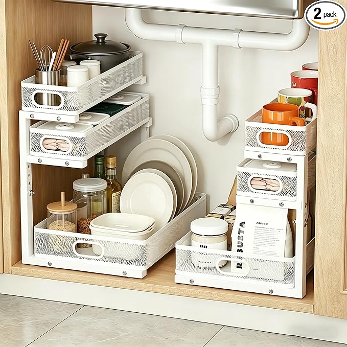2 Pack Under Sink Organizer, 3-Tier Pull Out Kitchen Cabinet Organizer | 5 Adjustable Heights, Metal Slide Out Bathroom Storage, Makeup Drawer Rack for Bedroom Office Pantry Home Organization, White by EGBULL