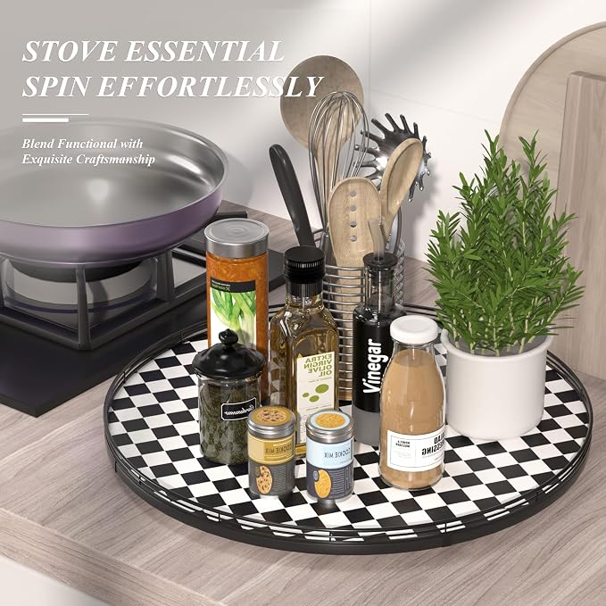AMH 24-Inch Black and White Checkerboard Lazy Susan Decorative Tray | Smooth rotating oak tray with walnut finish for dining tables, kitchen counters, pantries and cabinet storage. - Image 5
