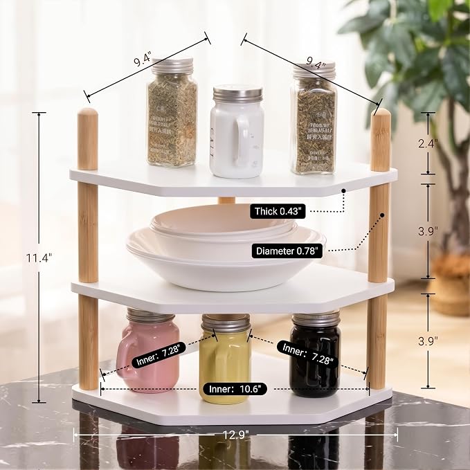 3-Tier Bamboo Corner Shelf, Kitchen Countertop Storage Organizer, Cabinet Plate Rack for Pantry Organization, Bathroom, Desktop, 9.4 x 9.4 x 11.4 Inch - Image 5