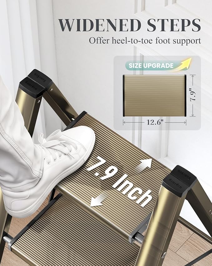 3 Step Ladder, Foldable Aluminum Step Stool with Anti-Slip Pedal | Lightweight yet Sturdy, Portable, Non Slip Feet, 300Lbs Capacity, Elegant Look, for Kitchen, Closet, Pantry, Champagne Gold - Image 4