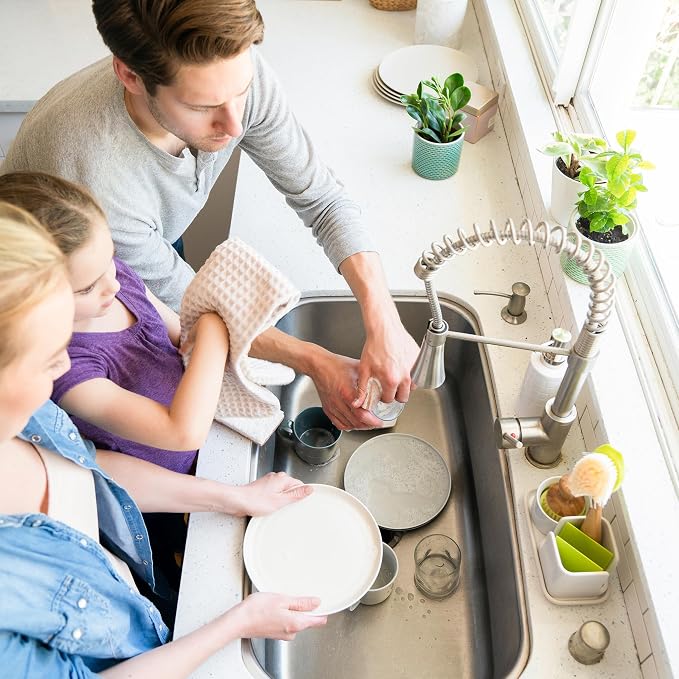 Full Circle Stash, Ceramic Kitchen Sink Caddy, Stylish Modular Sponge Holder & Dish Brush Organizer, Green and White, 11" - Image 4