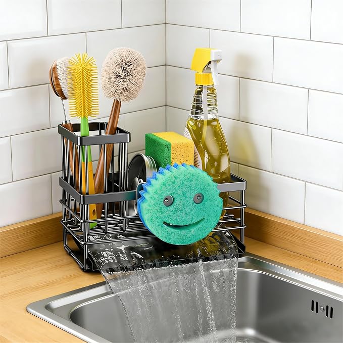 Cisily Sink Caddy Sponge Holder for Kitchen with Brush Holder and Stainless Steel Self Drain Tray, Rustproof Kitchen Sink Organizer for Sponge, Soap Dispenser Storage Accessories - Image 3