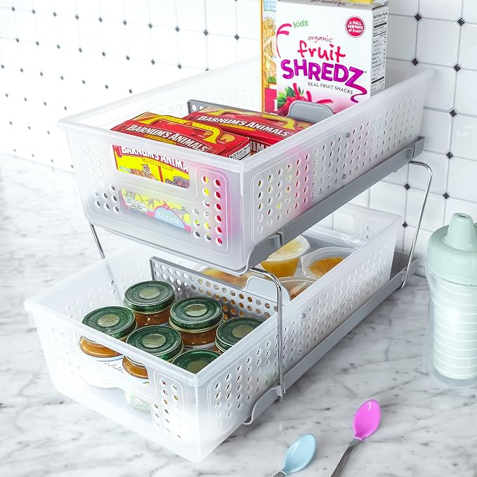 madesmart 2-Tier Organizer Slide-Out Baskets with Handles, Space Saving, Multi-Purpose Storage & BPA-Free, Large, Frost-with Dividers (Pack of 4) - Image 5