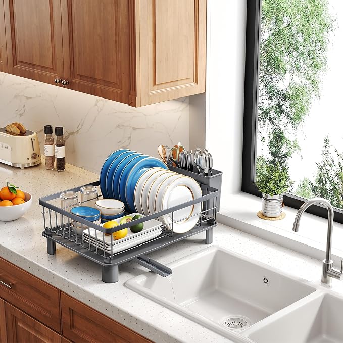 SNTD Dish Drying Rack for Small Kitchen Counter, 11" W x 15" L, Grey | Space Saving, Rotating Spout & Angled Drainboard for Quick Drainage, Stainless Steel, Removable Utensil Holder - Image 9