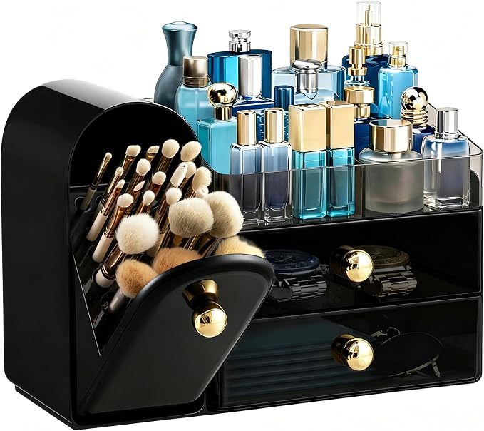 HBlife Makeup Organizer Countertop with Drawers, Cologne Organizer for Men, Vanity Organizers with Brush Holder, Bathroom Countertop Organizer Skin Care Storage, Gift for Dad Husband, Black and Gold by HBlife
