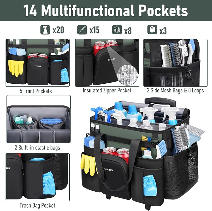 Ytonet Cleaning Caddy with Wheels, Extra Large Rolling Cleaning Caddy Bag | with Detachable Trolley for Housekeepers, Water Resistant Cleaner Supplies Organizer with Wheels for Kitchen, Tool Organizer - Image 2