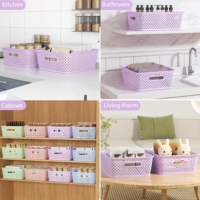 MaxGear 3 Pack Plastic Storage Baskets, Large, Purple | Durable Woven Plastic with Built-In Handles, Suitable for Shelves, Closets, Cabinets, Bathrooms and Offices - Image 4