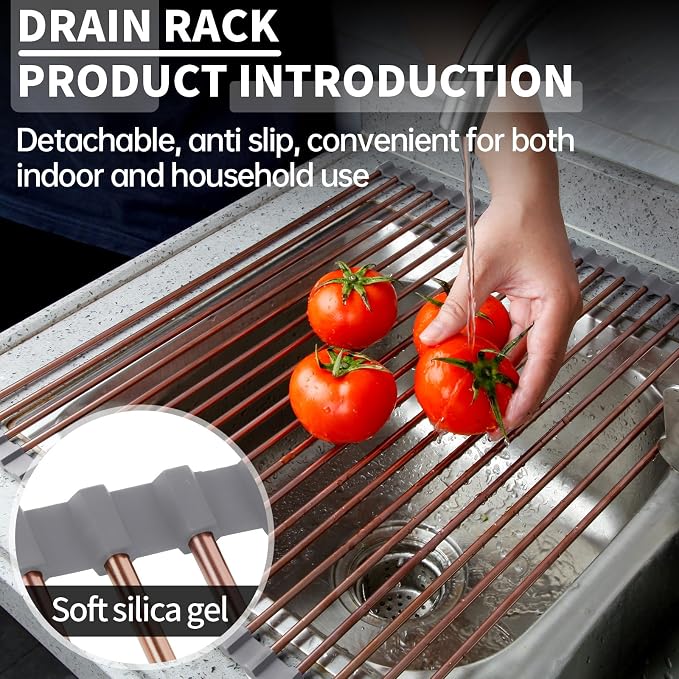 15.74" x 17"Large Roll Up Dish Drying Rack Over The Sink Dish Drying Rack,Stainless Steel Multipurpose Foldable Dish Drying Rack with Anti-Slip Silicone for Kitchen Counter Drainer,Rose Gold - Image 5