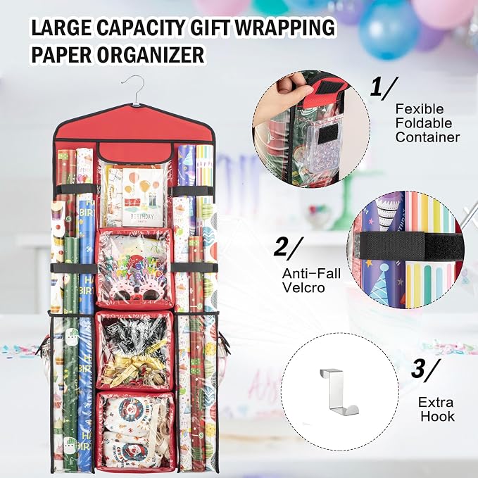 Christmas Wrapping Paper Organizer Storage, Hanging Gift Bag Storage Organizer, Double-Sided Wrapping Paper Holder Storage - Red - Image 6