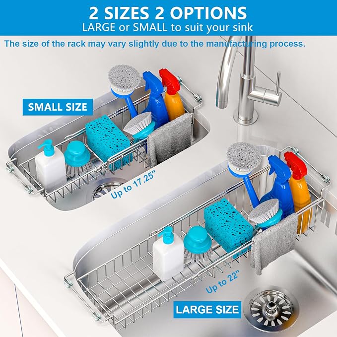 Over The Kitchen Sink Caddy Sponge Holder Organizer Drying Rack Expandable for Sponge Brush Soap Dish Cloth Rag, Stainless Steel (12.25" to 17.25") - Image 4