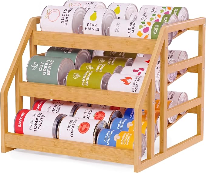 HOMESTEAD Bamboo Can Organizer for Pantry - 3 Tier Rack with Adjustable Dividers, Gravity Feed Canned Goods Organizer, 36 Cans Soda Storage by Homestead