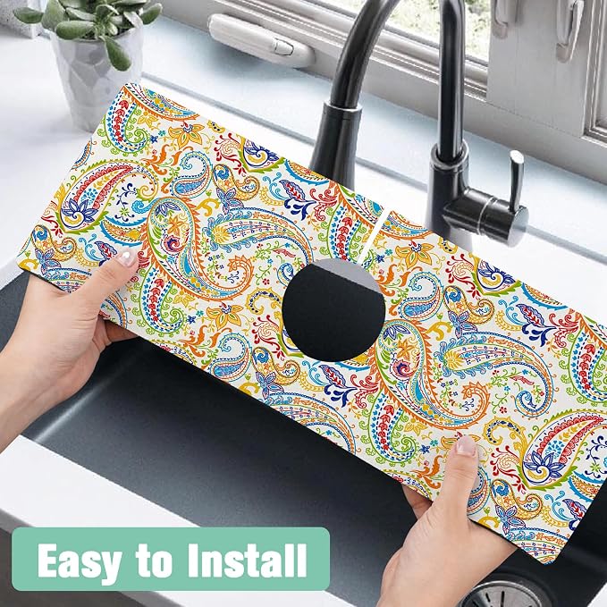 Kitchen Sink Splash Guard Faucet Mat 24" X 5.5" Paisley Absorbent Fast Drying Mat Faucet Draining Mat Sink Splash Guard Behind Faucet Drip Catcher for Kitchen Bathroom - Image 4