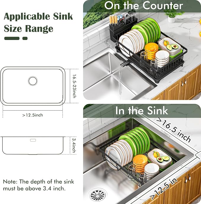 Kmiectse Dish Drying Rack for Small Kitchen Counter with Utensil Holder | Space Saving, Rust Resistant, Quick Drainage Dish Rack, Compact Dish Drainer Organizer for Home Kitchen, Black - Image 7