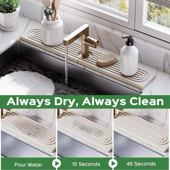 23.6 Inch Stone Faucet Mat for Kitchen Sink Splash Guard - Diatomite Quick Dry Stone Mat Kitchen Sink Protectors, Water-Absorbent Faucet Handle Drip Tray(White, 23.6" x 3.9") - Image 4