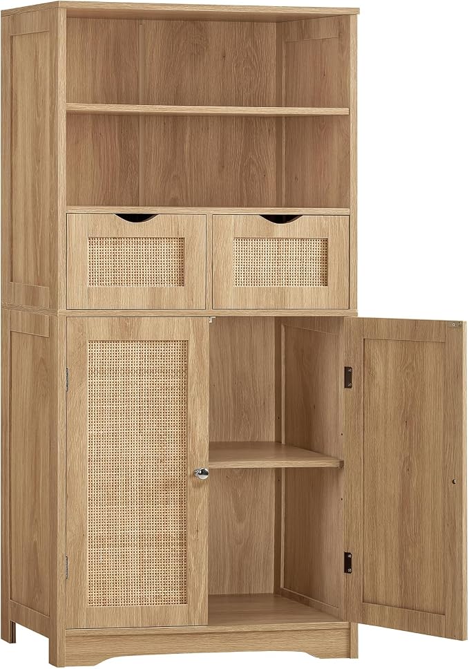 Iwell Tall Storage Cabinet, Rattan Cabinet with 2 Drawers & Adjustable Shelf, Kitchen Pantry Storage Cabient, Entryway Cabinet for Living Room, Dining Room, Home Office, Natural by IWELL