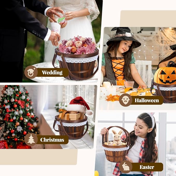 Wooden Baskets 10" x 6.5", 6 Pack Brown Apple Harvest Baskets | Round Handled Baskets Hold Produce, Flowers, Easter Eggs Or Favors for Farms, Markets, Weddings, Parties and Decor - Image 5