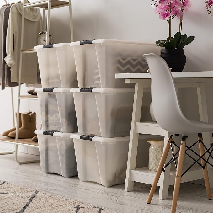 IRIS USA 6-Pack 54 Quart Storage Bins with Lids, Pearl | Conceals stored items for a clean look, Nestable design saves space between uses - Image 6