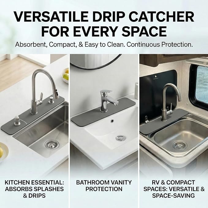 Cuttable Kitchen Sink Faucet Mat: 2PCS 30"Lx5.5"W DIY Splash Guard for Irregular Sink 2, 3 holes, Soap Dispenser & Air Gap - Bathroom Counter Protector Drip Catcher with Pre-Cut Center Hole, Grey - Image 6