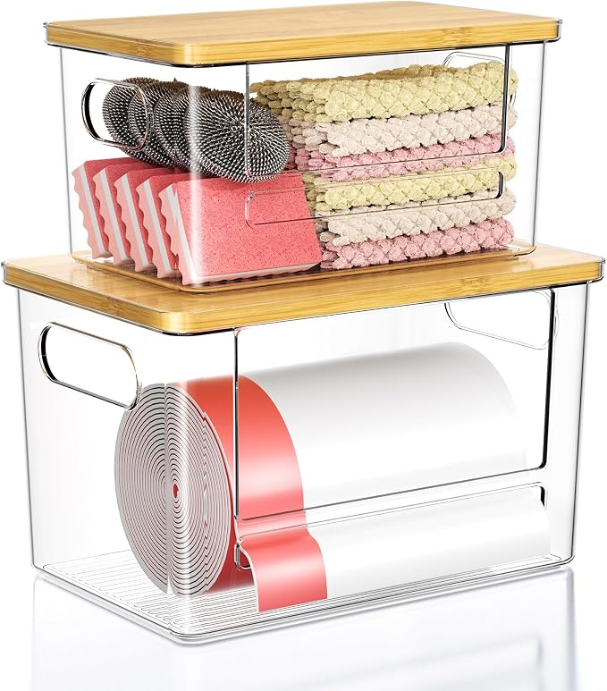 Trash Bag Dispenser 2 Pack (XL+S) - Trash Bag Holder with Bamboo Top | Acrylic Garbage Bags Dispenser Under Sink Organizer for Pantry, Kitchen, Laundry Room, Cabinet 2 Pack (XL+S) by Ginnerella