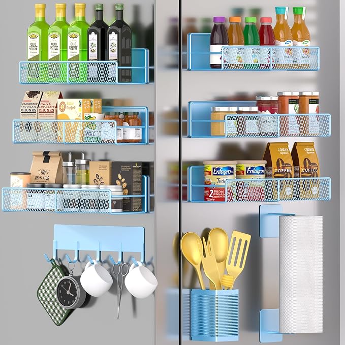 Magnetic Spice Rack for Refrigerator, 10 Pack Metal Magnetic Shelf, Moveable Spice Organizer with Hook Rack, Paper Towel Holder, Kitchenware Holder, Strong Magnetic Storage Fridge Organizer Blue by DTUQYX