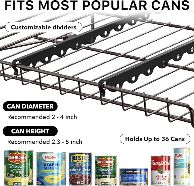 Simple Houseware 3-Tier Stackable Can Organizer Rack Hold 36 Cans, Bronze | Can Food Storage Dispenser for Pantry/Cabinet, Adjustable Dividers – 11.5" D x 17" W x 13.75" H - Image 6