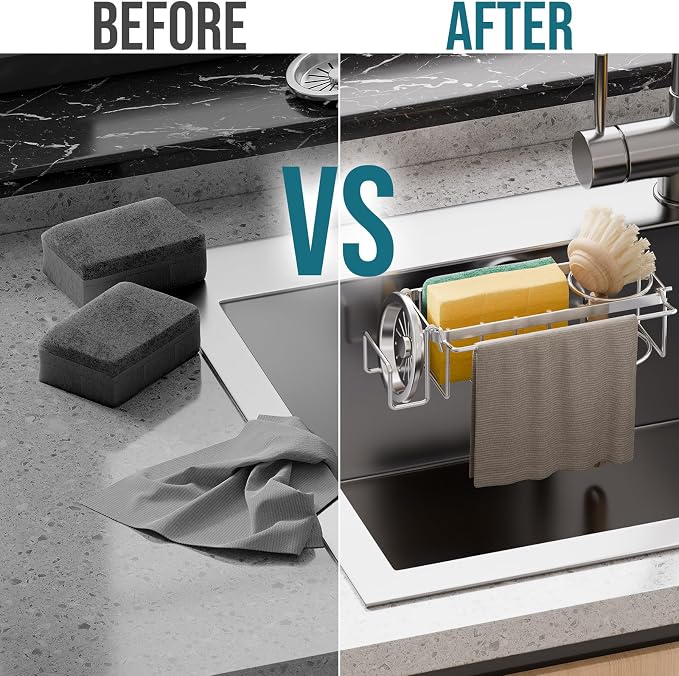 TAILI 4-in-1 Sponge Holder for Kitchen Sink with Strong Suction Cup-Silver | Removable Rustproof 304 Stainless Steel Multi-compartment Sponge Holder with Suction Cup, Keeps Brushes & Scrubbers Tidy - Image 4