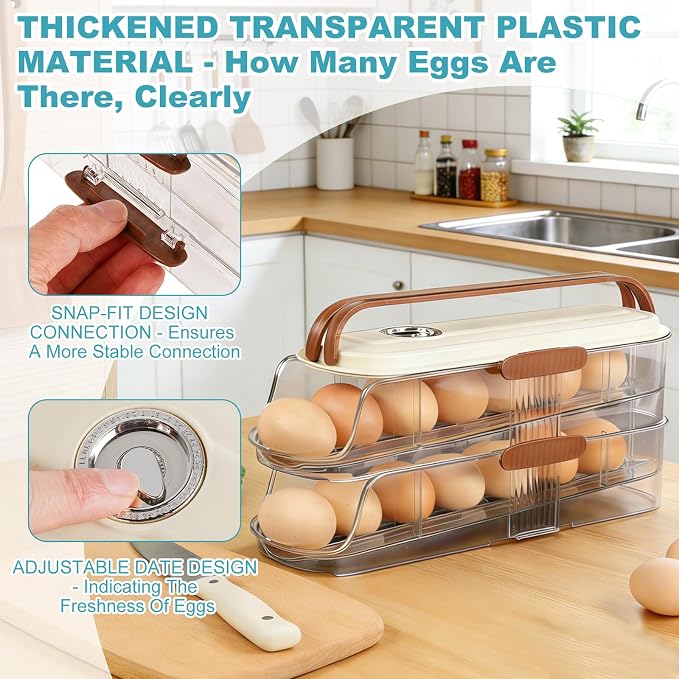 Egg Holder For Fridge, Container for Refrigerator, Single Column | With Lid And Handle, BPA-Free Detachable Tray, Timer Tracker, Automatic Rolling for Kitchen, Outdoor - Image 3