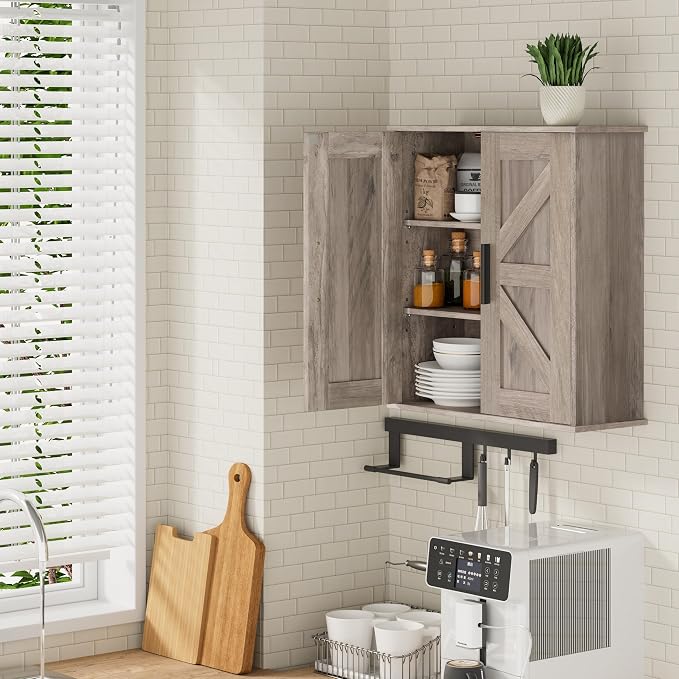 Homleke Bathroom Wall Cabinet, Medicine Cabinet with Adjustable Shelves | 3-Tier Wall Mounted Over Toilet Storage with Barn Doors, for Bathroom, Kitchen, Entryway, Laundry Room, Greige, (7.9" D) - Image 9