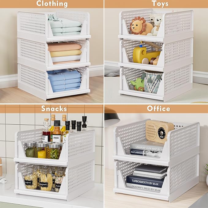 4 Pack Stackable Closet Storage Basket - Stackable Storage Bins | Multifunctional & Foldable Closet Organizer Waterproof, Wardrobe Cupboard Space-Saving Storage Drawer Organizer - Image 5