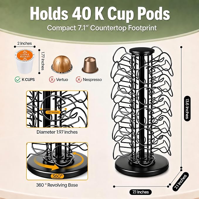 Coffee Pod Holder for 40 Pods, K Cup Holder Organizer with Weighted Base | Heavy-Duty Steel,Smooth & Quiet 360°Rotation,Easy Access,No Assembly Required,Space-Saving for Coffee Stations & Countertops - Image 2